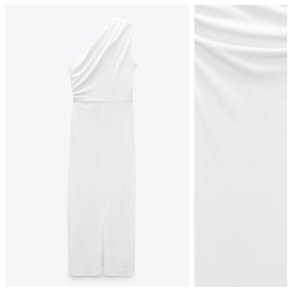NWT. Zara White Knit Fabric Midi Dress with Asymmetric Neckline. Size XL - Picture 7 of 10